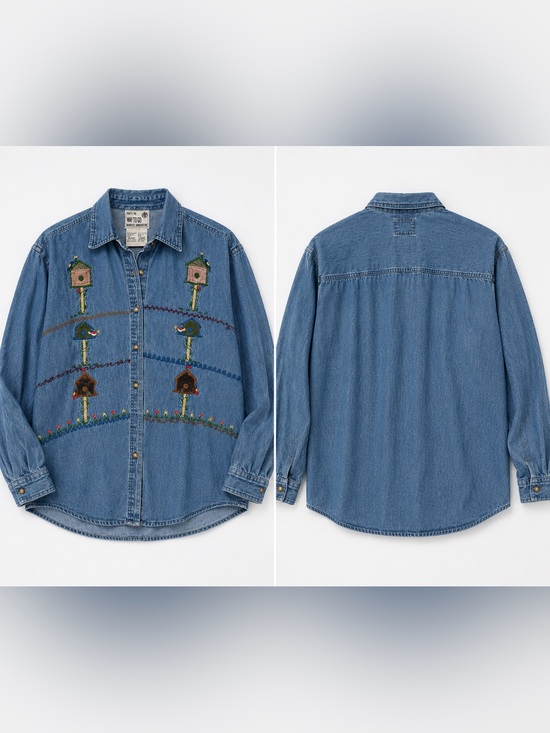 Way to Go Tops - Vintage Birdhouse Embroidered Denim Shirt Large Cottagecore Prairie Garden‎ Art